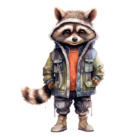 watercolour racoon dressed in clothes . AI Generated png