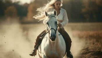 dos mujer enlace con caballos en rural prado, disfrutando verano generado por ai foto