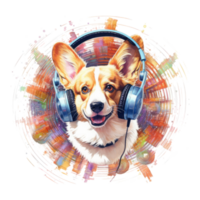 vattenfärg corgi hund bär hörlurar . ai genererad png