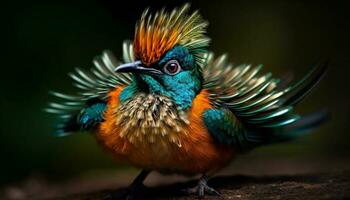 pavo real encaramado en rama, vibrante colores escaparate natural belleza generado por ai foto