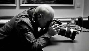 Professional photographer capturing businessman monochrome portrait with selective focus generated by AI photo