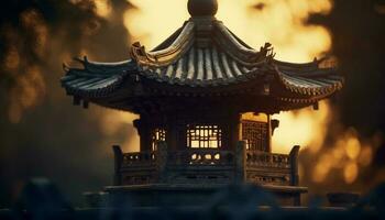 Beijing ancient pagoda glows with lanterns in East Asian dusk generated by AI photo