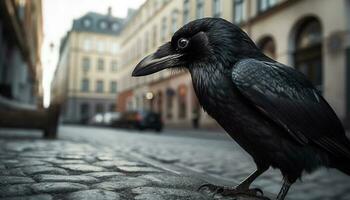 City pigeon perching on gothic building, scavenging for winter food generated by AI photo