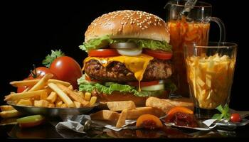 A la parrilla carne de vaca hamburguesa con queso, papas fritas, y refrescante reajuste salarial bebida generado por ai foto