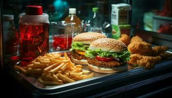 A la parrilla hamburguesa con queso y papas fritas, un clásico rápido comida almuerzo indulgencia generado por ai foto