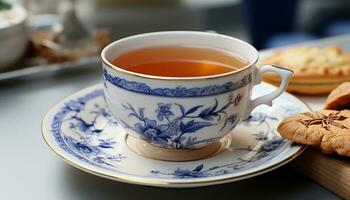 caliente bebida en mesa, café taza, té taza, frescura, platillo generado por ai foto