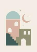 Moroccan architecture elements and moon poster illustration vector