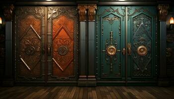 Elegant old doorway, ancient wood, ornate handle, mysterious gold decor generated by AI photo