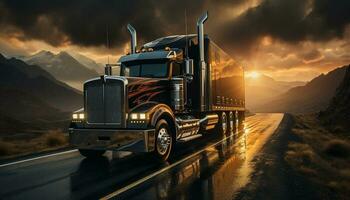 Truck driver delivering freight on multiple lane highway at sunset generated by AI photo