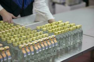 A row of glass bottles on a conveyor belt for the production of alcoholic beverages. photo