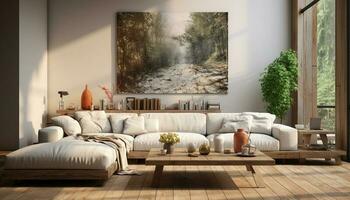 Cozy modern living room with comfortable sofa and bright sunlight generated by AI photo