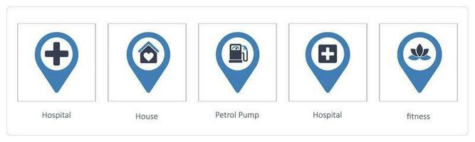 Hospital, House, Petrol Pump vector