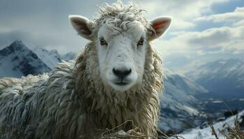 linda alpaca pasto en Nevado montaña, naturaleza belleza en primer plano generado por ai foto