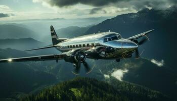 volador avión propulsa transporte, comercial espectáculo aéreo vitrinas tecnología en negocio viaje generado por ai foto