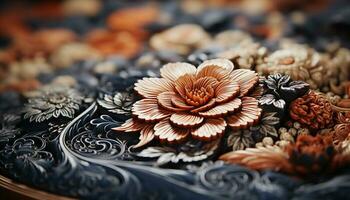 Pattern, decoration, flower, nature, leaf, craft, plant, ornate, petal, textile generated by AI photo