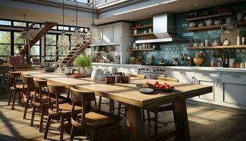Modern kitchen with elegant decor, comfortable chairs, and stainless steel appliances generated by AI photo