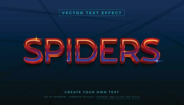 Vector editable 3D copper bronze text effect. Shiny metallic spider graphic style