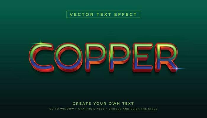 Editable vector 3D shiny copper text effect. Copper green blue graphic style