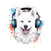 watercolor japanese spitz dog wearing headphones . AI Generated png