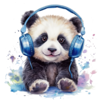 watercolor little panda big eyes wearing headphones . AI Generated png