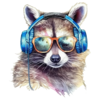 watercolor raccoon in sunglasses and wearing headphones . AI Generated png