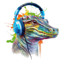 watercolor crocodile wearing headphones . AI Generated png