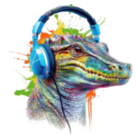 aguarela crocodilo vestindo fones de ouvido . ai gerado png