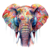aquarelle l'éléphant portant écouteurs . ai généré png