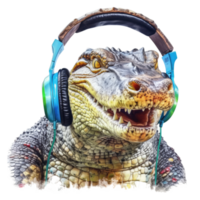 aquarelle crocodile portant écouteurs . ai généré png