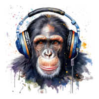 aquarelle singe portant écouteurs . ai généré png