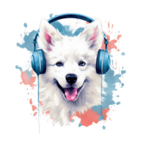 watercolor japanese spitz dog wearing headphones . AI Generated png