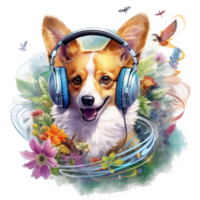 watercolor corgi dog wearing headphones . AI Generated png