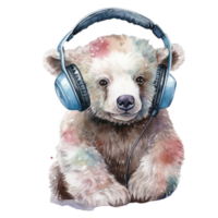 aguarela Urso vestindo fones de ouvido . ai gerado png