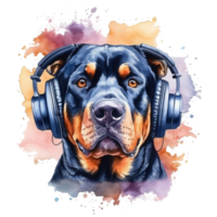 vattenfärg rottweiler hund bär hörlurar . ai genererad png