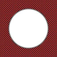 Black and red checkered pattern with white circle in center. Checkerboard circular frame. Round alternating squares border. Vector illustration.