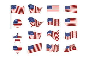 American flag wave perspective, circle and heart shape, vector set of USA national flags