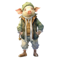 watercolour pig dressed in clothes . AI Generated png