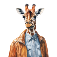 waterverf giraffe gekleed in kleren . ai gegenereerd png