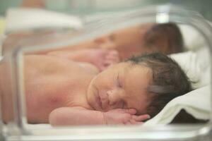 Newborn children are in the boxes in the hospital. photo