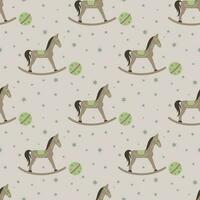 Vector seamless pattern with retro rocking kids toy brown horse with green ball and stars on a beige background.