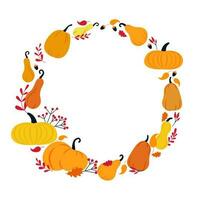 Autumn hand-drawn different pumpkins with leaves, acorns and berries vector wreath or frame isolated on a white background.