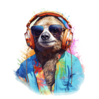 watercolor sloth wearing headphones . AI Generated png