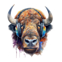 aquarelle bison portant écouteurs . ai généré png