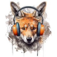 watercolor fox wearing headphones . AI Generated png