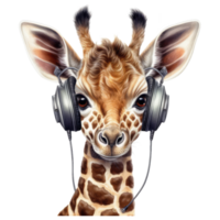 vattenfärg giraff bär hörlurar . ai genererad png