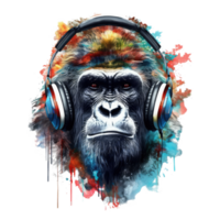 acquerello gorilla indossare cuffie . ai generato png