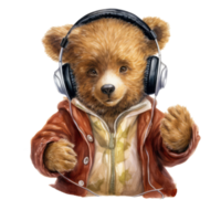 watercolor child bear wearing headphones . AI Generated png