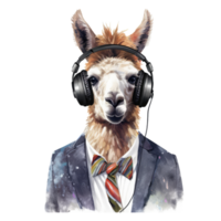 acquerello lama indossare cuffie . ai generato png