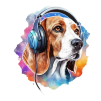 watercolor beagle dog wearing headphones . AI Generated png