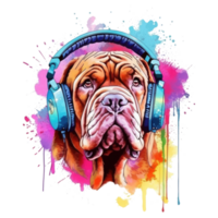 watercolor french mastiff dog wearing headphones . AI Generated png